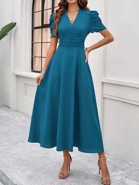3/$30 Peacock Blue V-Neck Midi Dress with Puff Sleeves
